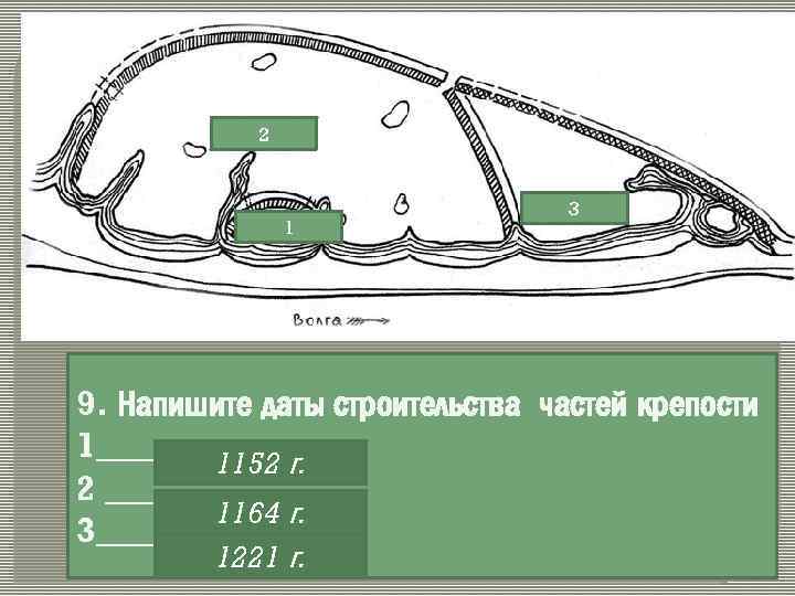 2 1 3 9. Напишите даты строительства частей крепости 1_______ 1152 г. 2 _______