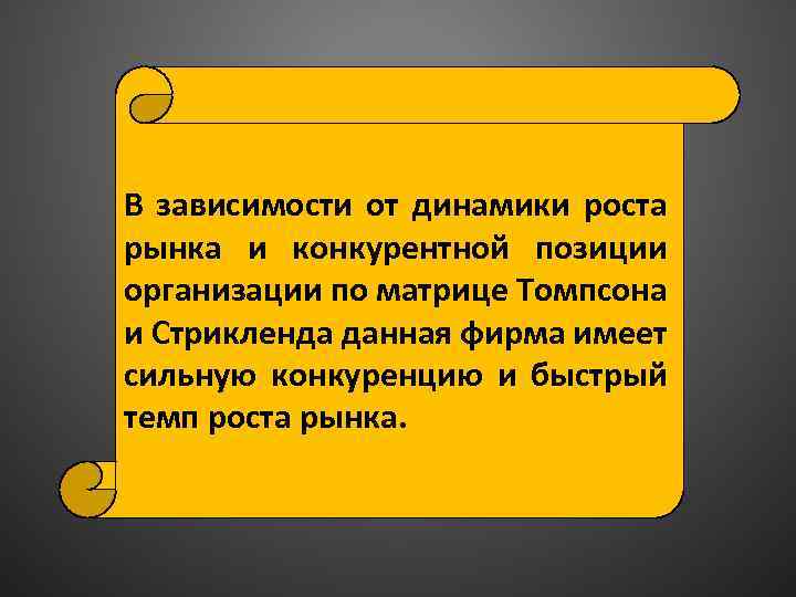 В зависимости от динамики роста рынка и конкурентной позиции организации по матрице Томпсона и
