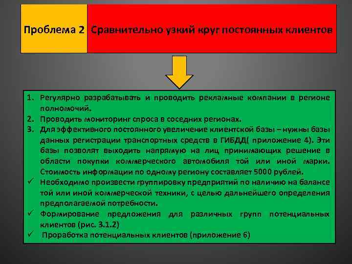 Проблема 2 Сравнительно узкий круг постоянных клиентов 1. Регулярно разрабатывать и проводить рекламные компании