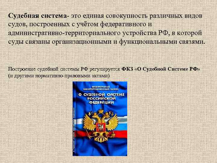 Судебная система- это единая совокупность различных видов судов, построенных с учётом федеративного и административно-территориального