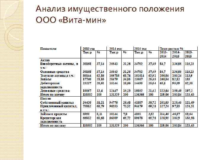 Анализ имущественного положения ООО «Вита-мин» 