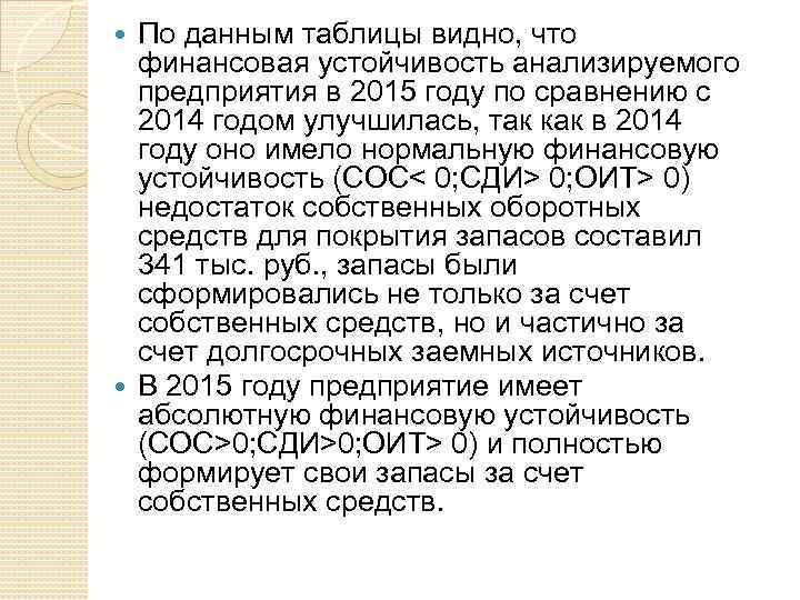 По данным таблицы видно, что финансовая устойчивость анализируемого предприятия в 2015 году по сравнению