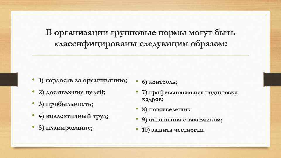 В организации групповые нормы могут быть классифицированы следующим образом: • • • 1) гордость