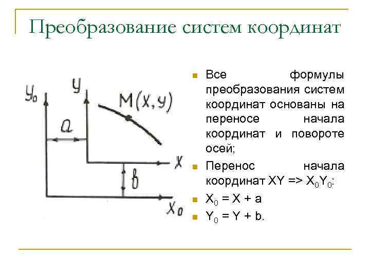 Преобразование систем координат n n Все формулы преобразования систем координат основаны на переносе начала