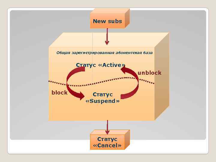 New subs Общая зарегистрированная абонентская база Статус «Active» unblock Статус «Suspend» Статус «Cancel» 