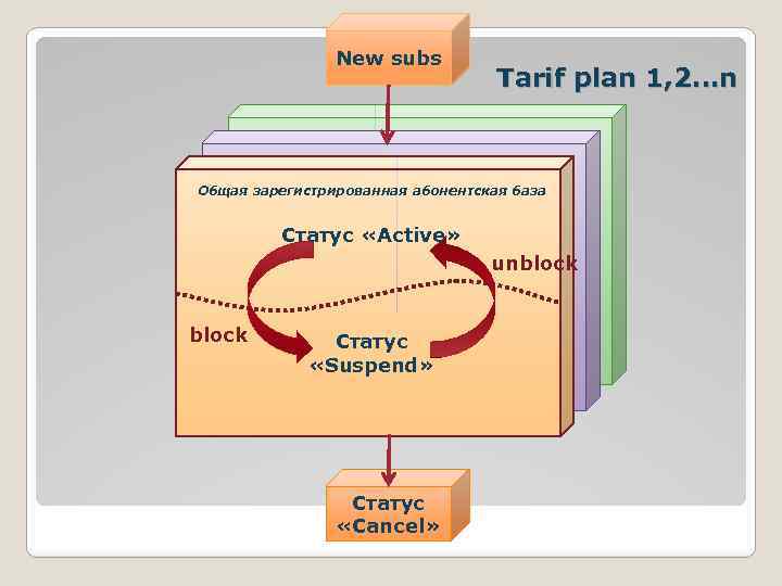 New subs Tarif plan 1, 2…n Общая зарегистрированная абонентская база Статус «Active» unblock Статус