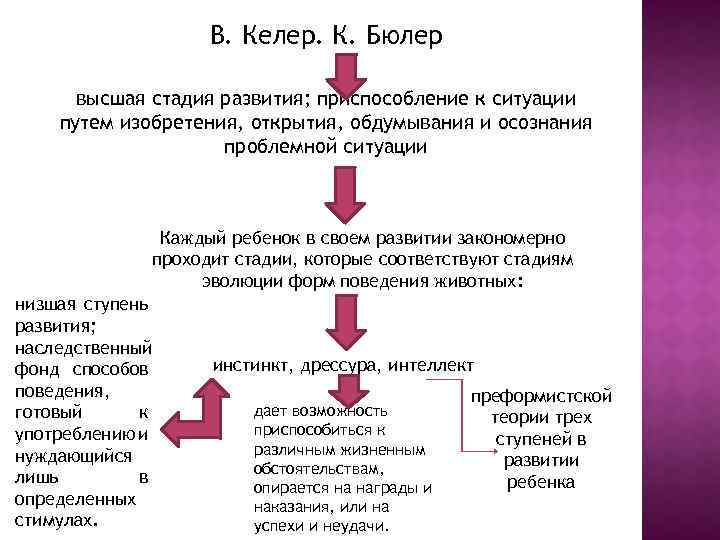 В. Келер. К. Бюлер высшая стадия развития; приспособление к ситуации путем изобретения, открытия, обдумывания