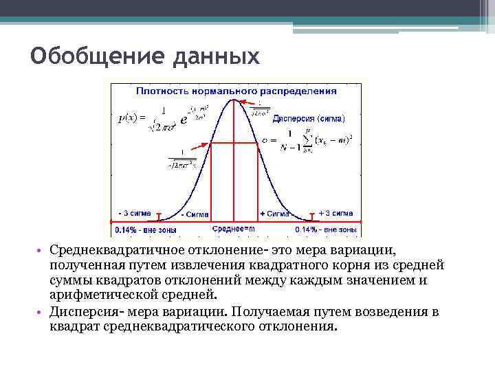Обобщение данных • Среднеквадратичное отклонение- это мера вариации, полученная путем извлечения квадратного корня из