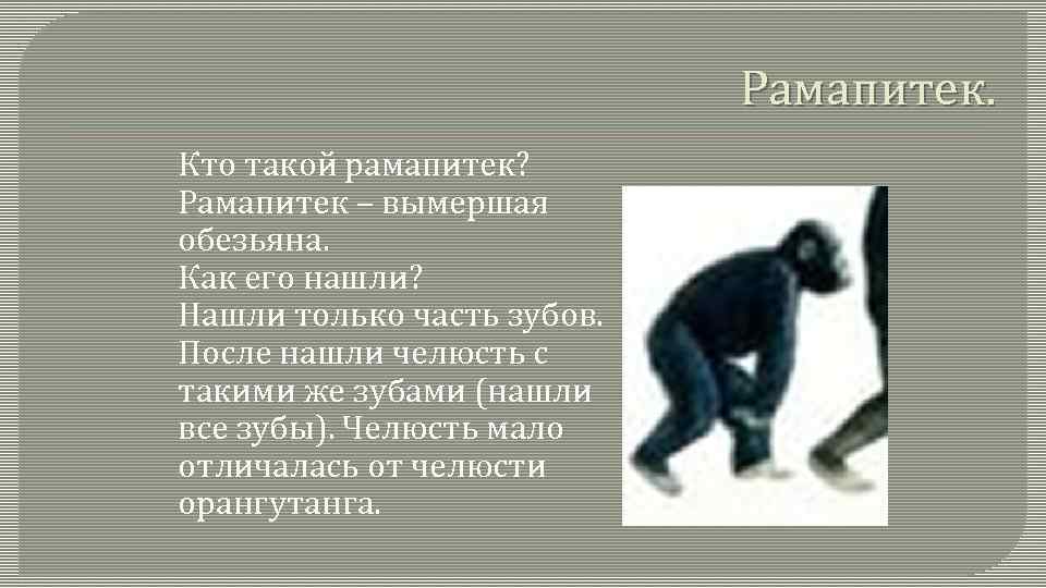 Рамапитек. Кто такой рамапитек? Рамапитек – вымершая обезьяна. Как его нашли? Нашли только часть