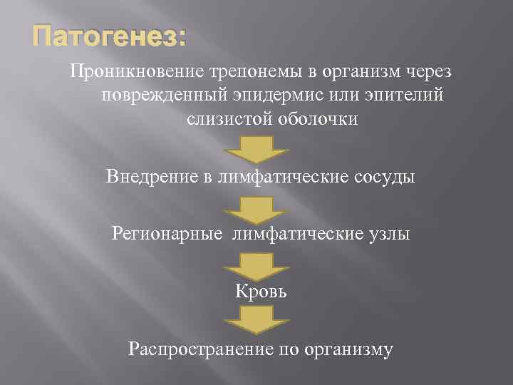 Патогенез: Проникновение трепонемы в организм через поврежденный эпидермис или эпителий слизистой оболочки Внедрение в