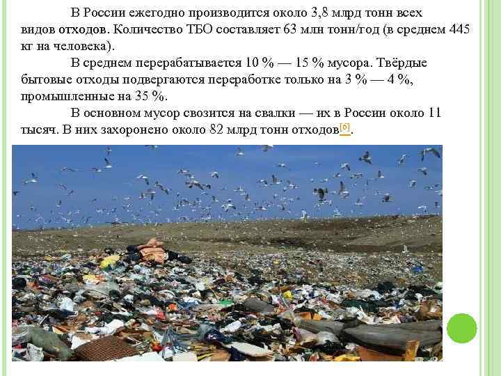 В России ежегодно производится около 3, 8 млрд тонн всех видов отходов. Количество ТБО