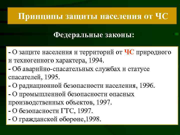  Принципы защиты населения от ЧС Федеральные законы: - О защите населения и территорий