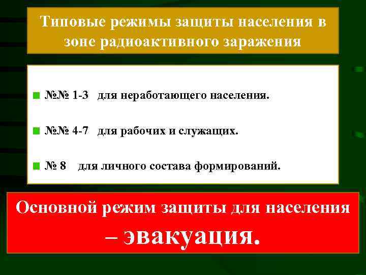 Типовые режимы защиты населения в зоне радиоактивного заражения №№ 1 -3 для неработающего населения.