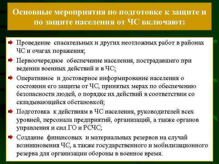 Основные мероприятия по подготовке к защите и по защите населения от ЧС включают: Проведение