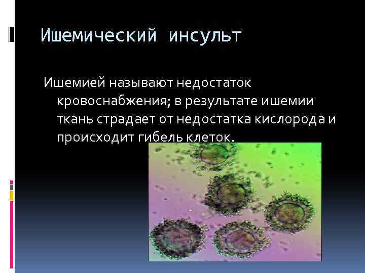 Ишемический инсульт Ишемией называют недостаток кровоснабжения; в результате ишемии ткань страдает от недостатка кислорода