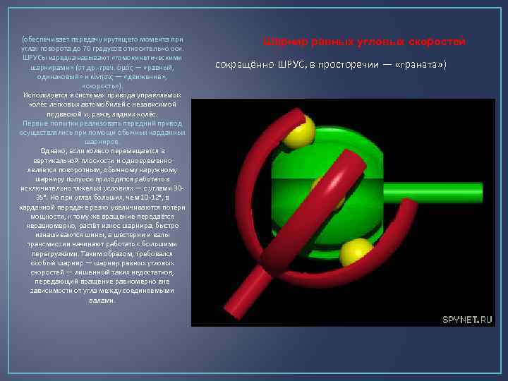 (обеспечивает передачу крутящего момента при углах поворота до 70 градусов относительно оси. ШРУСы изредка