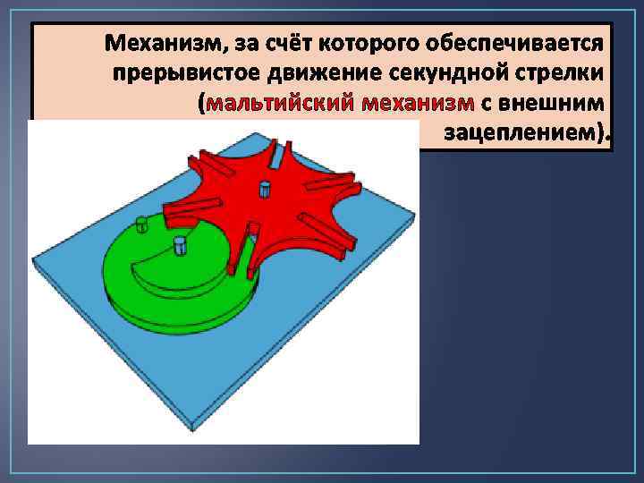 Механизм, за счёт которого обеспечивается прерывистое движение секундной стрелки (мальтийский механизм с внешним зацеплением).
