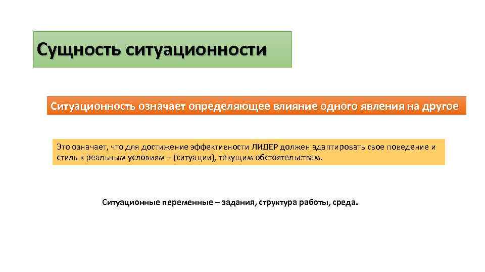 Сущность ситуационности Ситуационность означает определяющее влияние одного явления на другое Это означает, что для