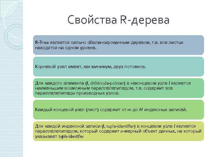 Свойства R-дерева R-Tree является сильно сбалансированным деревом, т. е. все листья находятся на одном