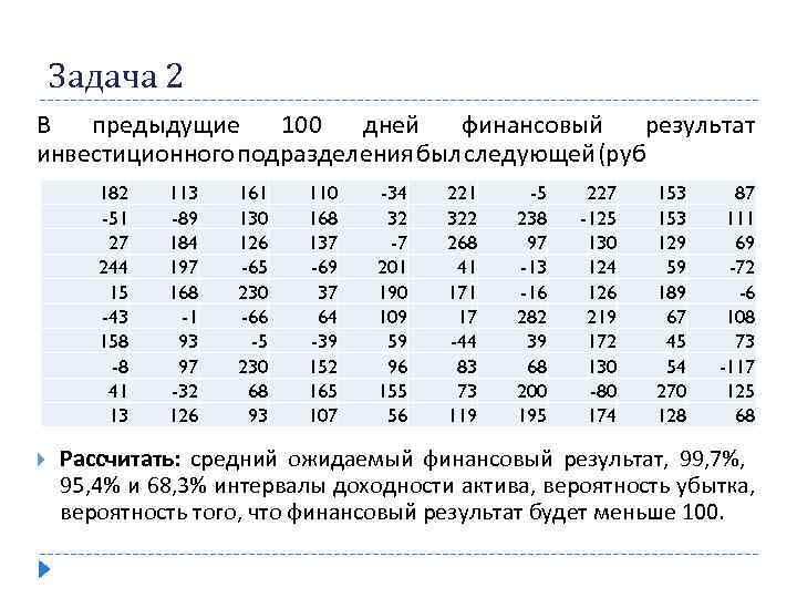 Задача 2 В предыдущие 100 дней финансовый результат инвестиционного подразделения был следующей (руб. ):