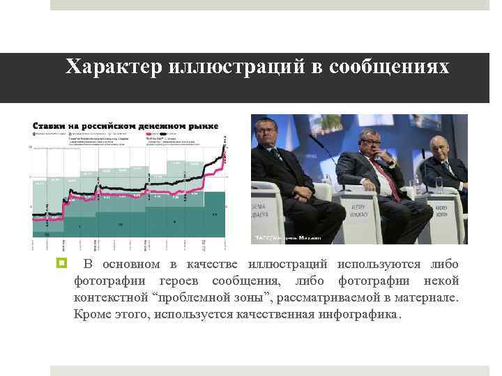 Характер иллюстраций в сообщениях В основном в качестве иллюстраций используются либо фотографии героев сообщения,