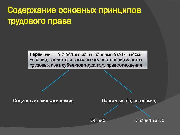 Содержание основных принципов трудового права Гарантии — это реальные, выполнимые фактически условия, средства и