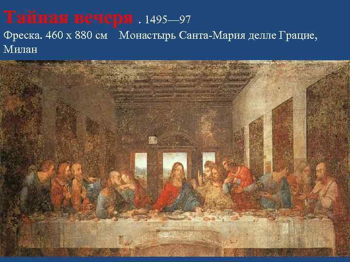 Тайная вечеря. 1495— 97 Фреска. 460 x 880 см Монастырь Санта-Мария делле Грацие, Милан
