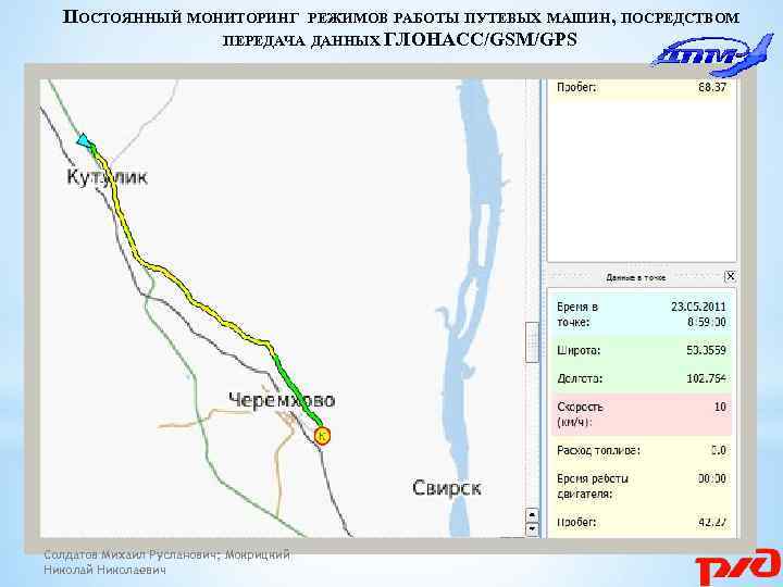 ПОСТОЯННЫЙ МОНИТОРИНГ РЕЖИМОВ РАБОТЫ ПУТЕВЫХ МАШИН, ПОСРЕДСТВОМ ПЕРЕДАЧА ДАННЫХ ГЛОНАСС/GSM/GPS Солдатов Михаил Русланович; Мокрицкий
