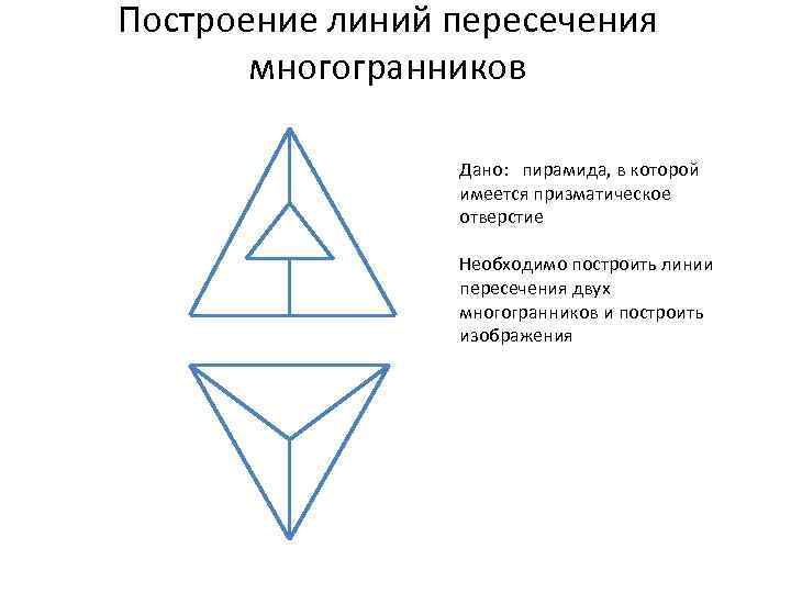 Построение линий пересечения многогранников Дано: пирамида, в которой имеется призматическое отверстие Необходимо построить линии