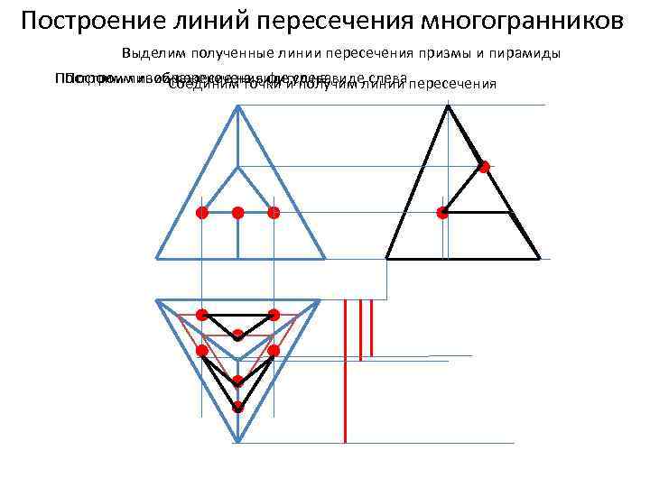 Построение линий пересечения многогранников Выделим полученные линии пересечения призмы и пирамиды Построим линии пересечения