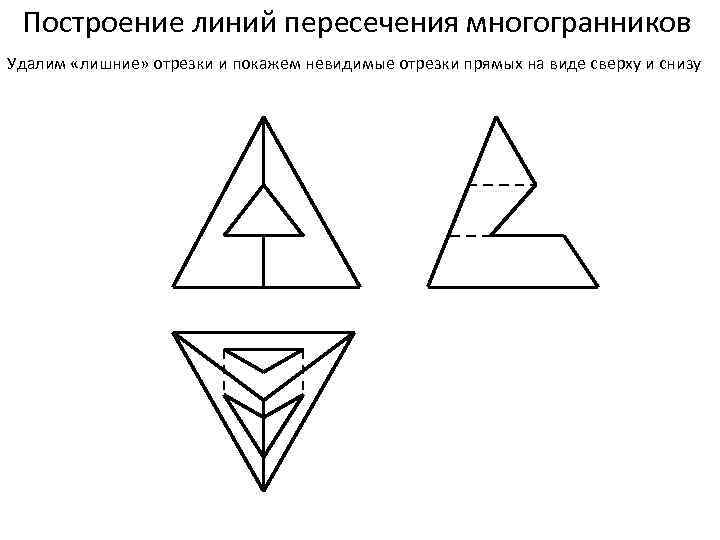 Построение линий пересечения многогранников Удалим «лишние» отрезки и покажем невидимые отрезки прямых на виде