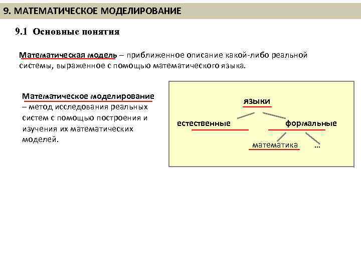 9. МАТЕМАТИЧЕСКОЕ МОДЕЛИРОВАНИЕ 9. 1 Основные понятия Математическая модель – приближенное описание какой-либо реальной