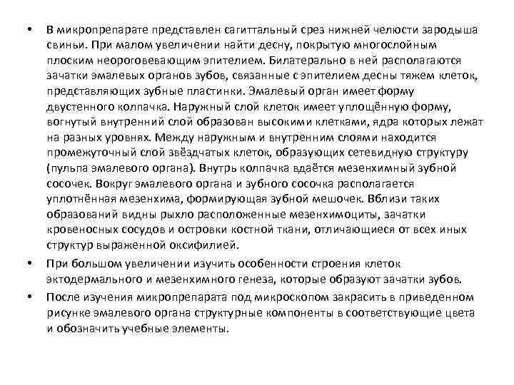  • • • В микропрепарате представлен сагиттальный срез нижней челюсти зародыша свиньи. При