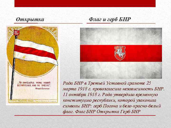 Открытка Флаг и герб БНР Рада БНР в Третьей Уставной грамоте 25 марта 1918