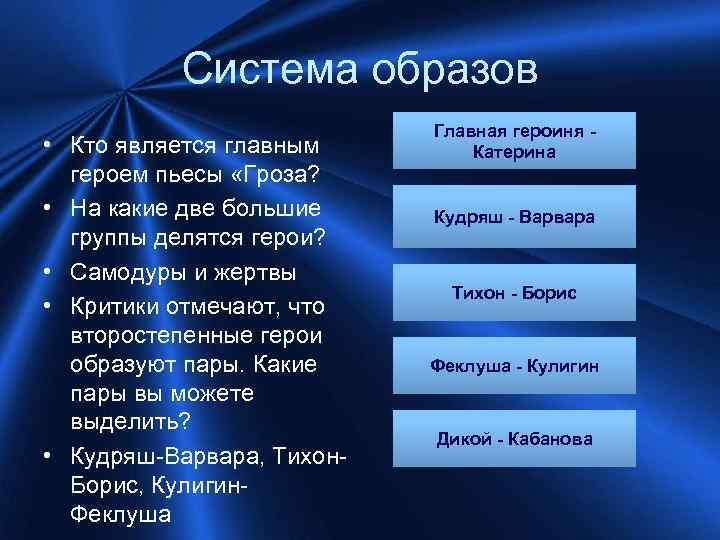 Система образов • Кто является главным героем пьесы «Гроза? • На какие две большие