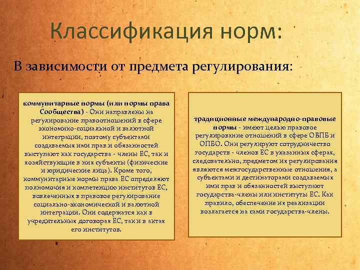 Классификация норм: В зависимости от предмета регулирования: коммунитарные нормы (или нормы права Сообщества) -