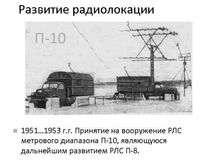 Развитие радиолокации П-10 1951… 1953 г. г. Принятие на вооружение РЛС метрового диапазона П-10,