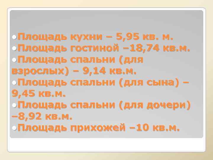 ●Площадь кухни – 5, 95 кв. м. ●Площадь гостиной – 18, 74 кв. м.