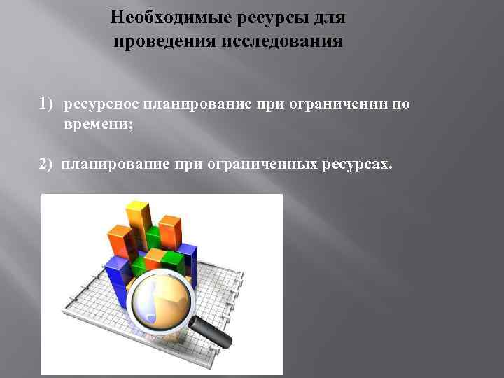 Необходимые ресурсы для проведения исследования 1) ресурсное планирование при ограничении по времени; 2) планирование