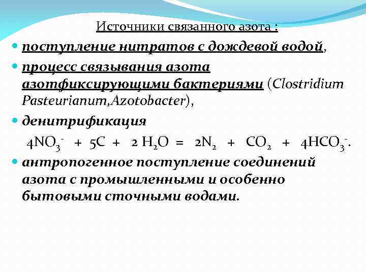 Источники связанного азота : поступление нитратов с дождевой водой, процесс связывания азота азотфиксирующими бактериями