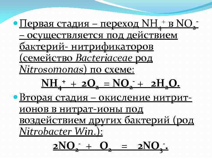 Первая стадия – переход NH 4+ в NO 2 - – осуществляется под