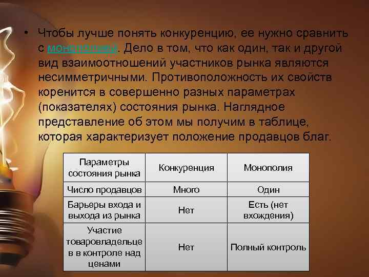  • Чтобы лучше понять конкуренцию, ее нужно сравнить с монополией. Дело в том,