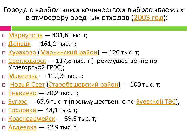 Города с наибольшим количеством выбрасываемых в атмосферу вредных отходов (2003 год): Мариуполь — 401,