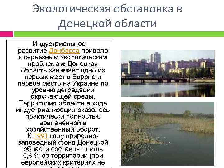 Экологическая обстановка в Донецкой области Индустриальное развитие Донбасса привело к серьезным экологическим проблемам: Донецкая