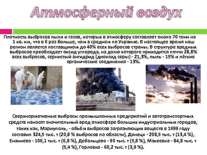 Атмосферный воздух Плотность выбросов пыли и газов, которых в атмосферу составляет около 70 тонн