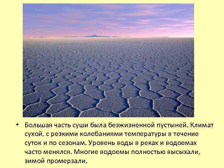  • Большая часть суши была безжизненной пустыней. Климат сухой, с резкими колебаниями температуры