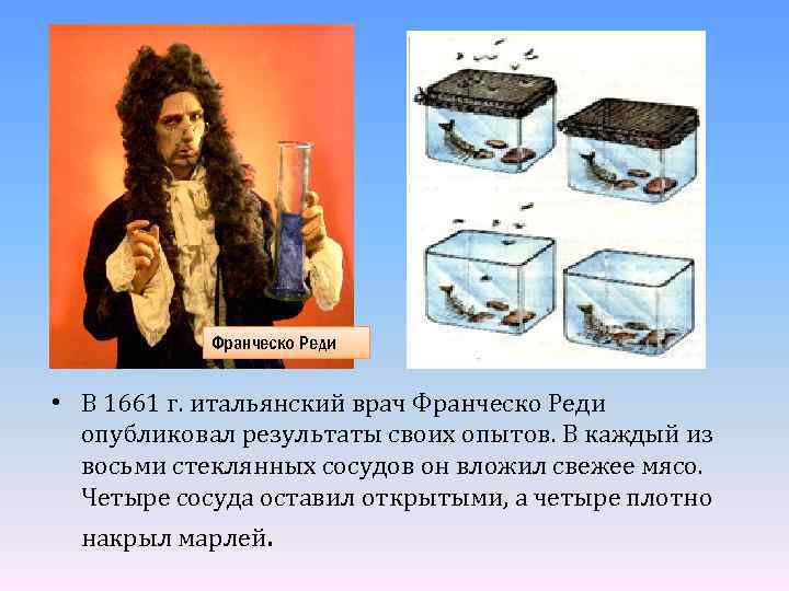 Франческо Реди • В 1661 г. итальянский врач Франческо Реди опубликовал результаты своих опытов.