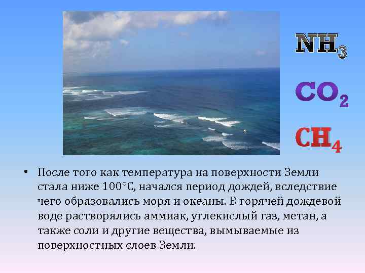 NH 3 СH 4 • После того как температура на поверхности Земли стала ниже