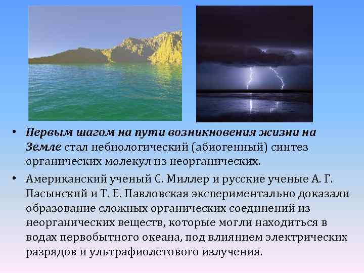  • Первым шагом на пути возникновения жизни на Земле стал небиологический (абиогенный) синтез