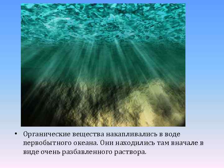  • Органические вещества накапливались в воде первобытного океана. Они находились там вначале в